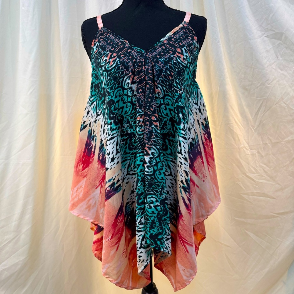 Whimsical handkerchief style asymmetrical top, size medium, casual or dressy